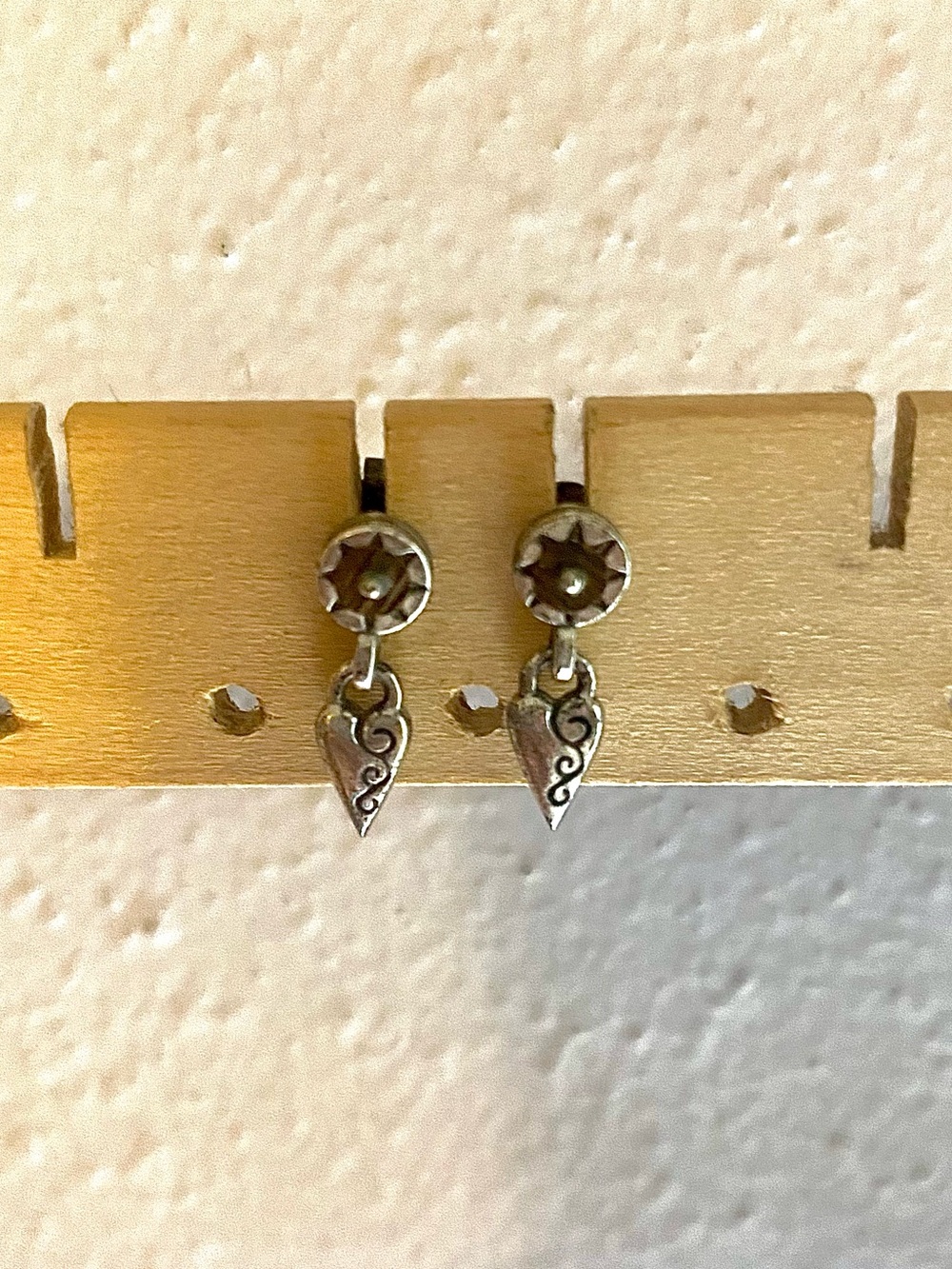 Scandinavian heart sterling silver and wood dangle post earrings